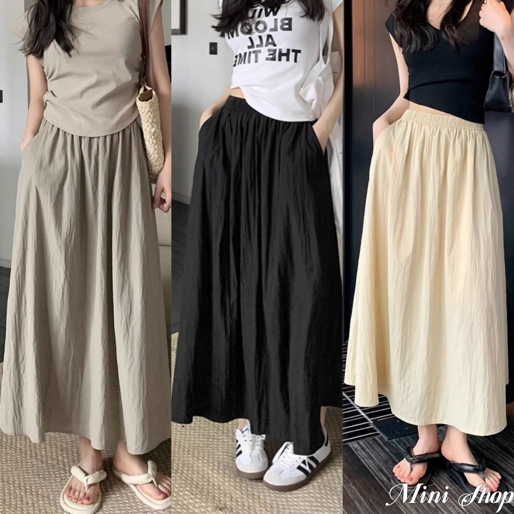 Mini shop🌸พร้อมส่ง🌸(K12)กระโปรงยาว เอวสม๊อค ของมันต้องมี สีพื้นสไตล์มินิมอล ใส่สบาย สไตล์เกาหลี