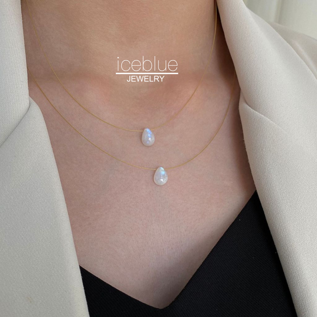 iceblue18K Gold Waterdrop ธรรมชาติมูนสโตนจี้สร้อยคอกันน้ํา Non Tarnish เครื่องประดับ 316L สแตนเลสไทเ
