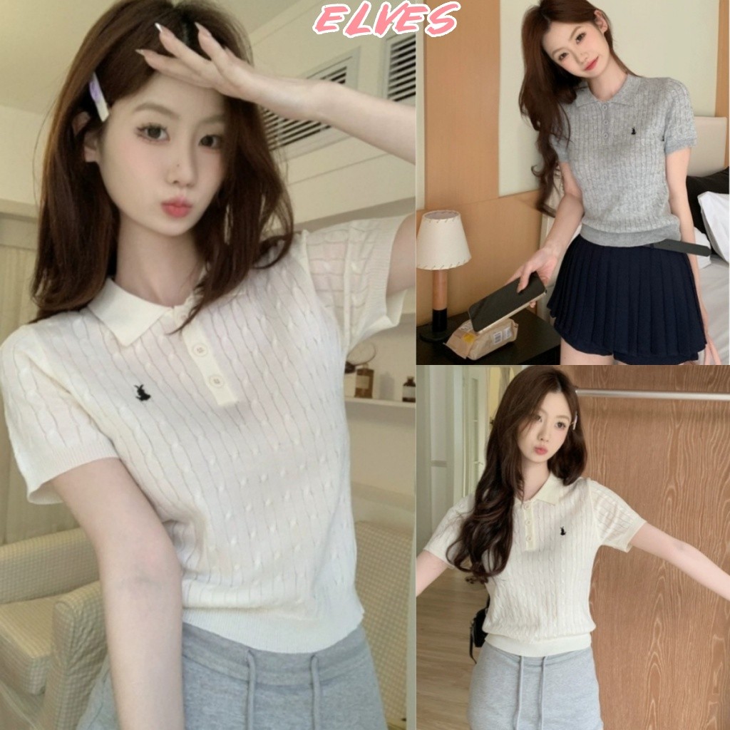Elves พร้อม เสื้อครอปไหมพรม คอปก แขนยาว ใส่สบายสุดๆ ผ้าร่อง ปักกระต่ายน่ารัก เสื้อยืด ไหมพรม"32198-2"