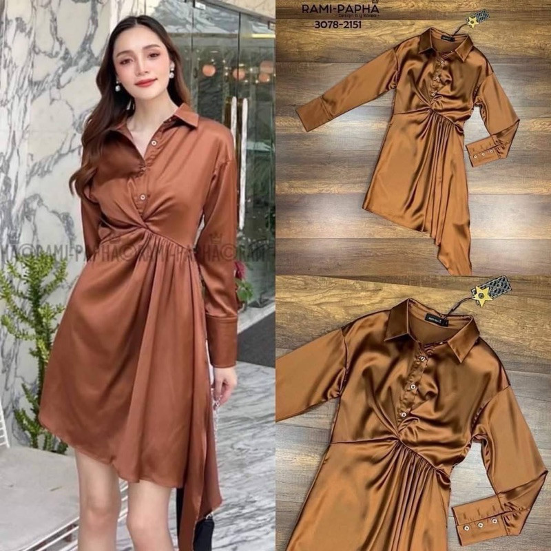 Cr. (xs-xl) (พร้อมส่ง) Rami6 เดรสคอปกสีสวยหรู ความยาวทิ้งตัวเล่นเลเยอร์สวยหรูโดดเด่น ยืดหยุ่นอย่างดี