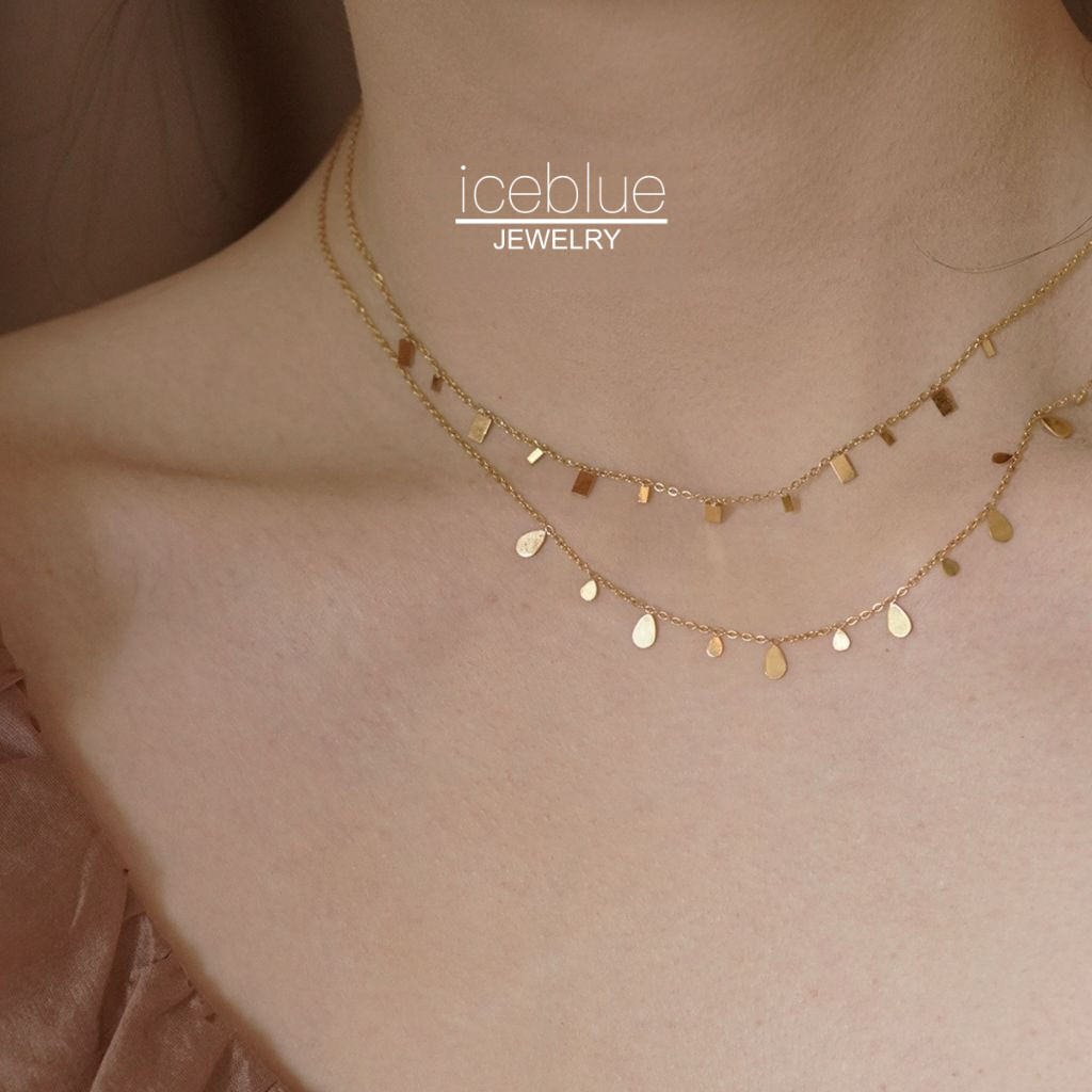 【iceblue】สร้อยคอสายโซ่เพนเดนต์หยดน้ำลายจุดสไตล์โบโช ทองชุบ18K กันน้ำไม่หมอง เหล็กไทเทเนียม316L สำหรั