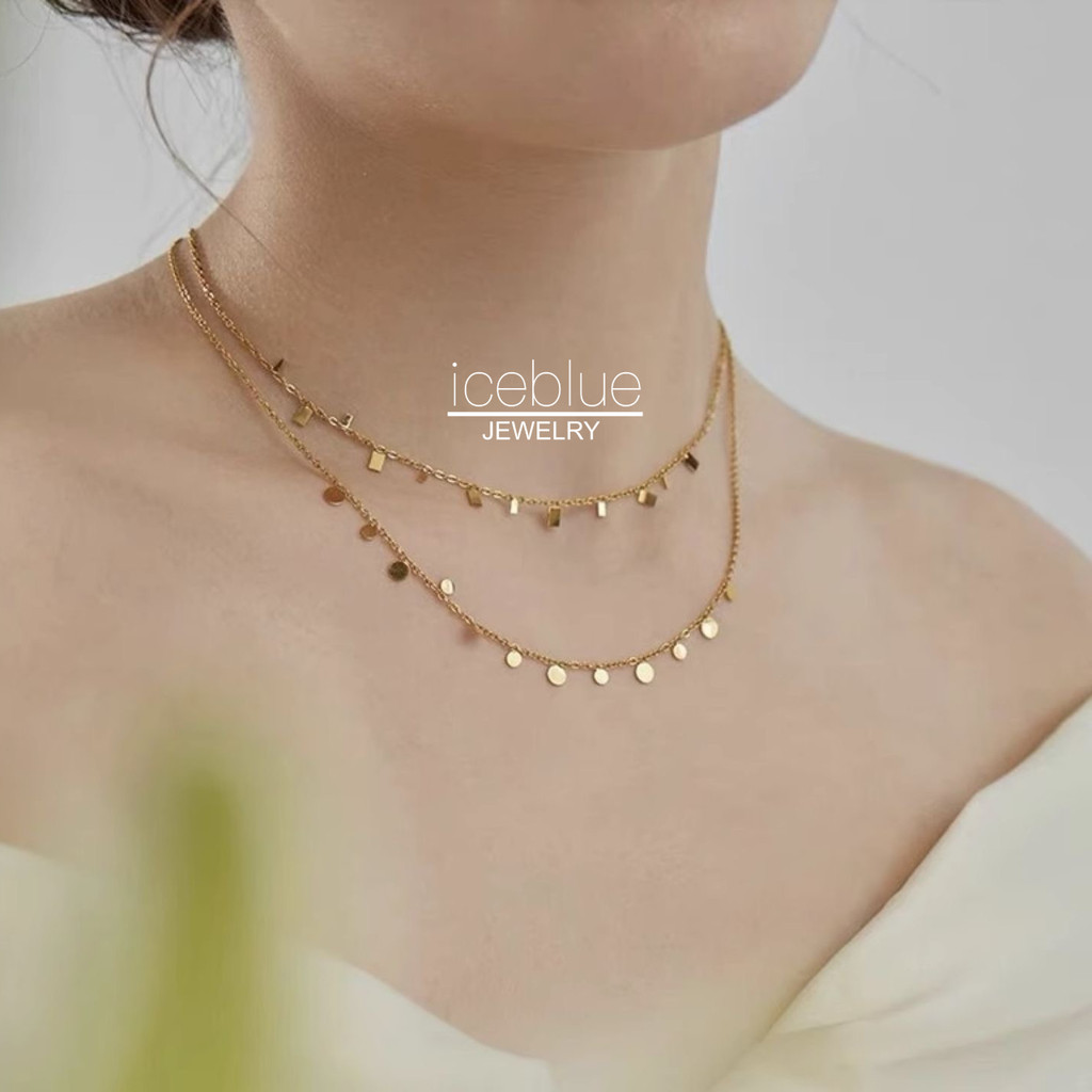 iceblue-Boho-chic Waterdrop Dots Sqaure จี้สร้อยคอทอง 18K Gold Plated กันน้ํา Non Tarnish เครื่องประ