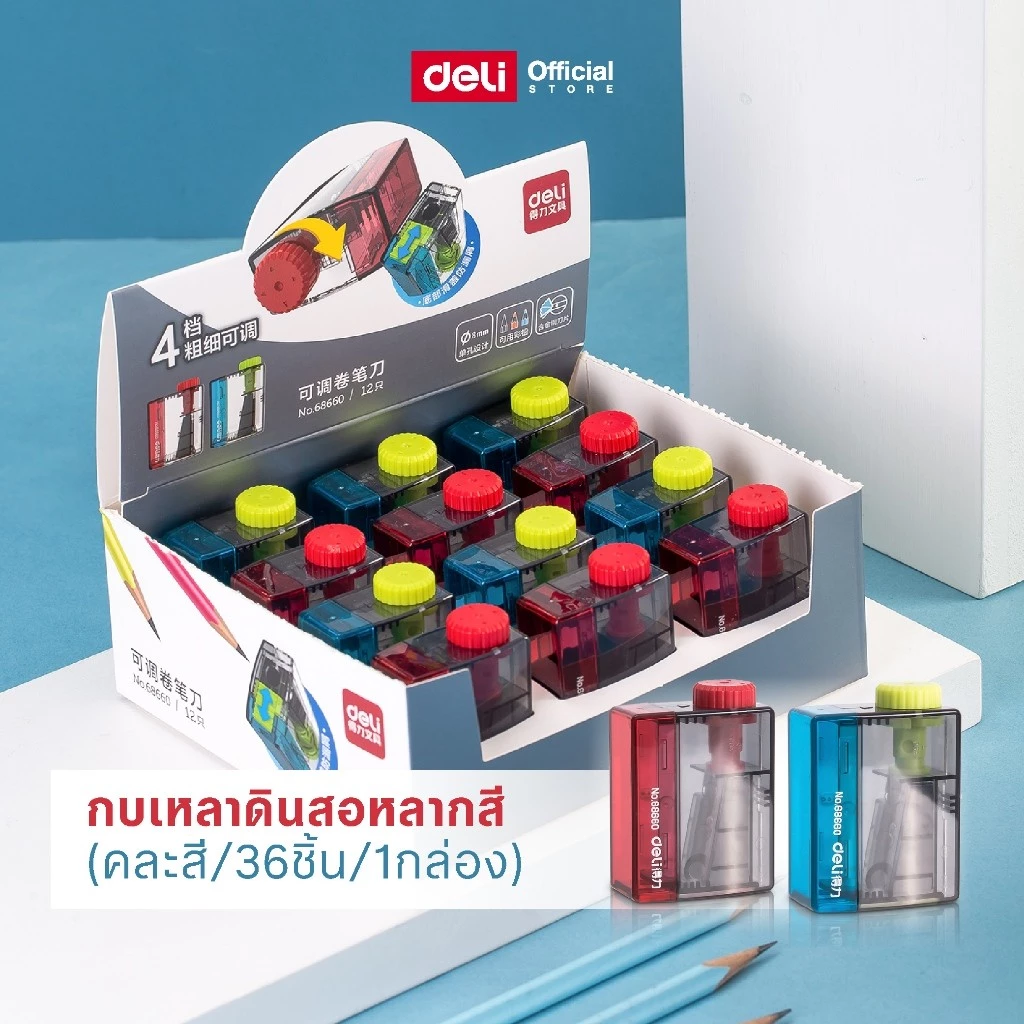 กบเหลาดินสอ Deli (คละแดง,ฟ้า) 1 กล่องมี 12 ชิ้น ปรับได้ถึง 4 ระดับ กบเหลา กบเหลาดินสอไม้