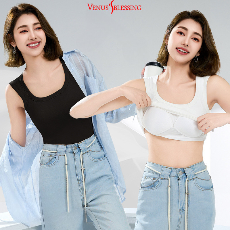 S-3XL เสื้อกล้ามขนาดบวกพร้อมเบาะหน้าอก 2-in-1 เสื้อแฟชั่นขนาดบวก