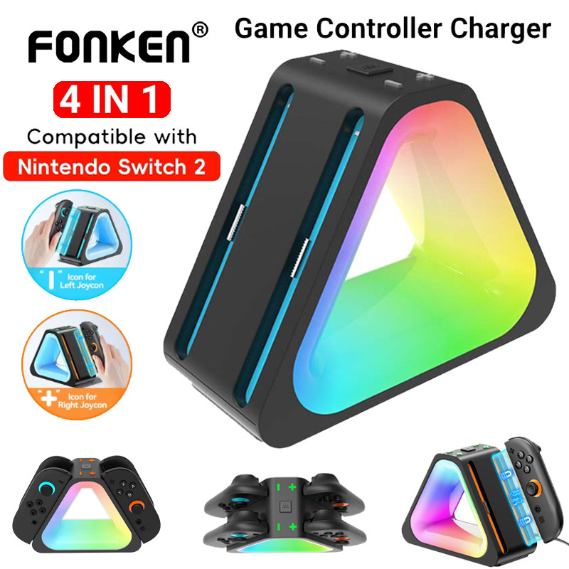 Fonken Controller Charger 4 in 1 แท่นชาร์จพร้อมไฟ RGB Charger Stand Station สําหรับ Nintendo Switch2