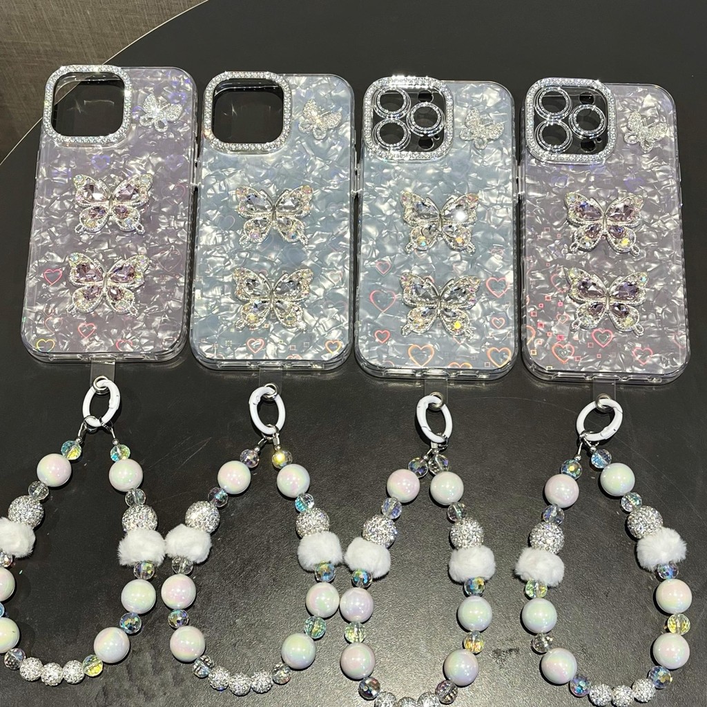 NewSelf-contained Diamond Lens 3D Diamond Butterfly Pattern IMD Phone Case, with Bracelet, For iPhone 15, 16, 17 Series