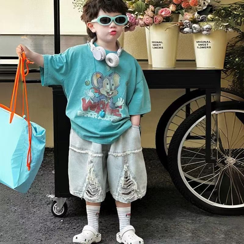 ฤดูร้อนเด็กชุดแขนสั้นเด็กทารกน่ารักผ้ายีนส์ฉีกกางเกงขาสั้นชุดสองชิ้น