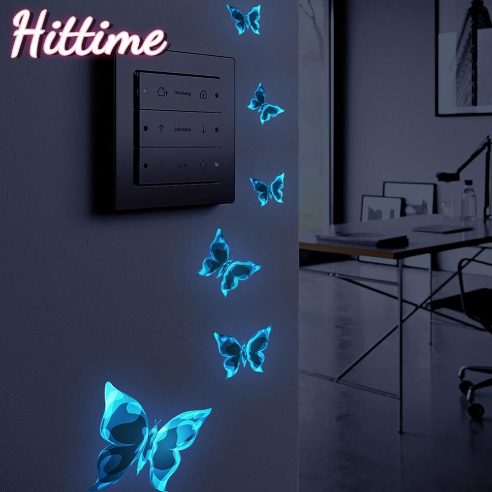 Hittime 6 ชิ้น Luminous Double Layer 3D ผีเสื้อสติ๊กเกอร์ติดผนัง Home Room Decor ผีเสื้อสําหรับตกแต่