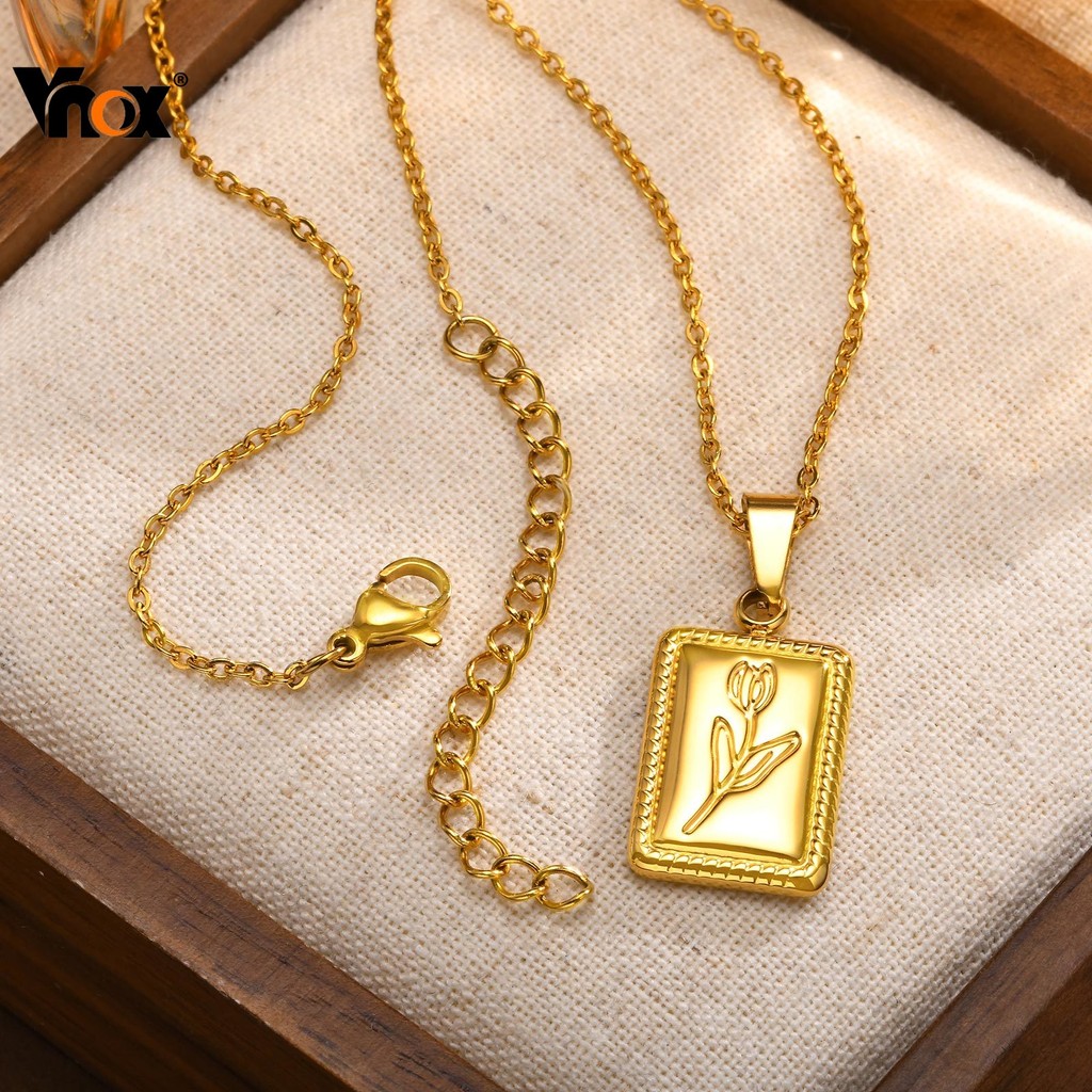 Vnox 18k Gold Vintage Tulip สร้อยคอสี่เหลี่ยมสําหรับผู้หญิงสแตนเลส Hypoallergenic สร้อยคอเครื่องประดับ