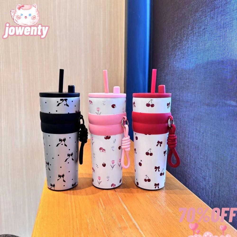 โจเวนตี้ สีแดงเชอร์รี่กระติกน้ําร้อนถ้วย,700มล ดอกไม้สีชมพูขวดน้ําความร้อน,แบบพกพา316สแตนเลสที่มีเชือกยกของขวัญถ้วยสูญญากาศชายและหญิง