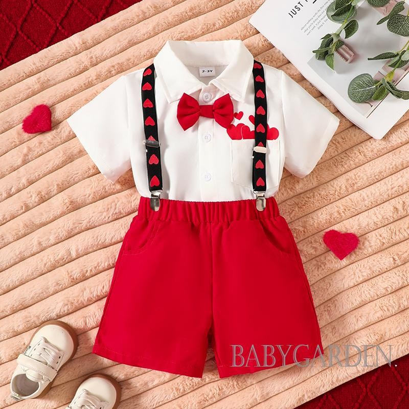 //-1-6yeassr Kids Baby Boy Valentines Day Set Heart Print Short Sleeve Lapel Shirt with Suspender Sh