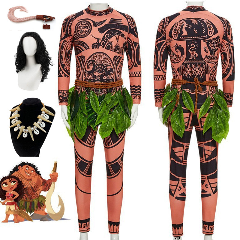 Moana 2 Maui เครื่องแต่งกายคอสเพลย์เครื่องแต่งกายสําหรับผู้ใหญ่ผู้ชายสร้อยคอวิกผมชุดตะขอ
