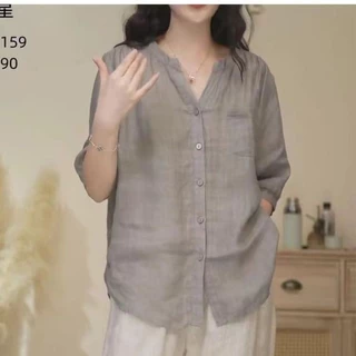หลวมขนาดบวกเสื้อผู้หญิง 2025 ฤดูร้อนสีทึบคอวีลําลองด้านบน