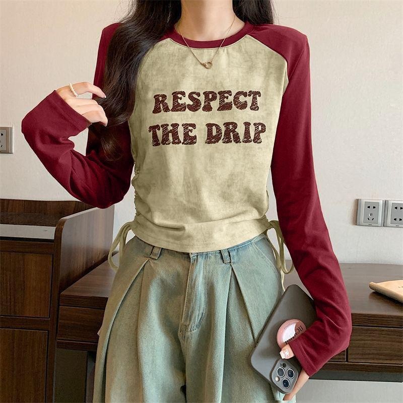 [เสื้อยืด ขนาดใหญ่เกินไป] (40-150กิโลกรัม) ผู้หญิง แร็กแลน แขนยาว เชือกรูด ขนาดบวกท็อปส์ตัดสั้นสลิมฟิตเสื้อยืด