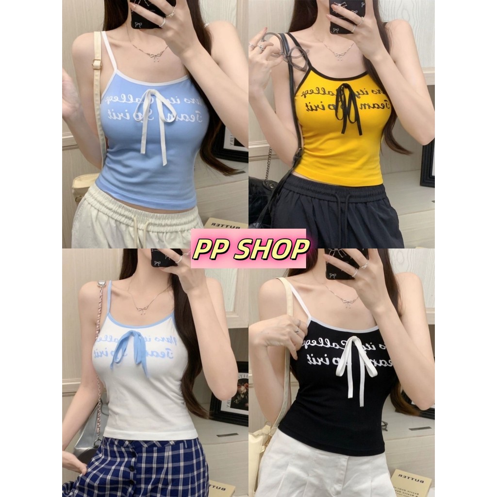 PP Shop​ ​พร้อมส่ง เสื้อสายเดี่ยว มีฟองน้ำ สไตล์ลำลองรูปแบบตัวอักษร คอกลมเสื้อครอป ผ้านิ่ม แฟชั่นฤดูร้อน น่ารักๆ#FY2107