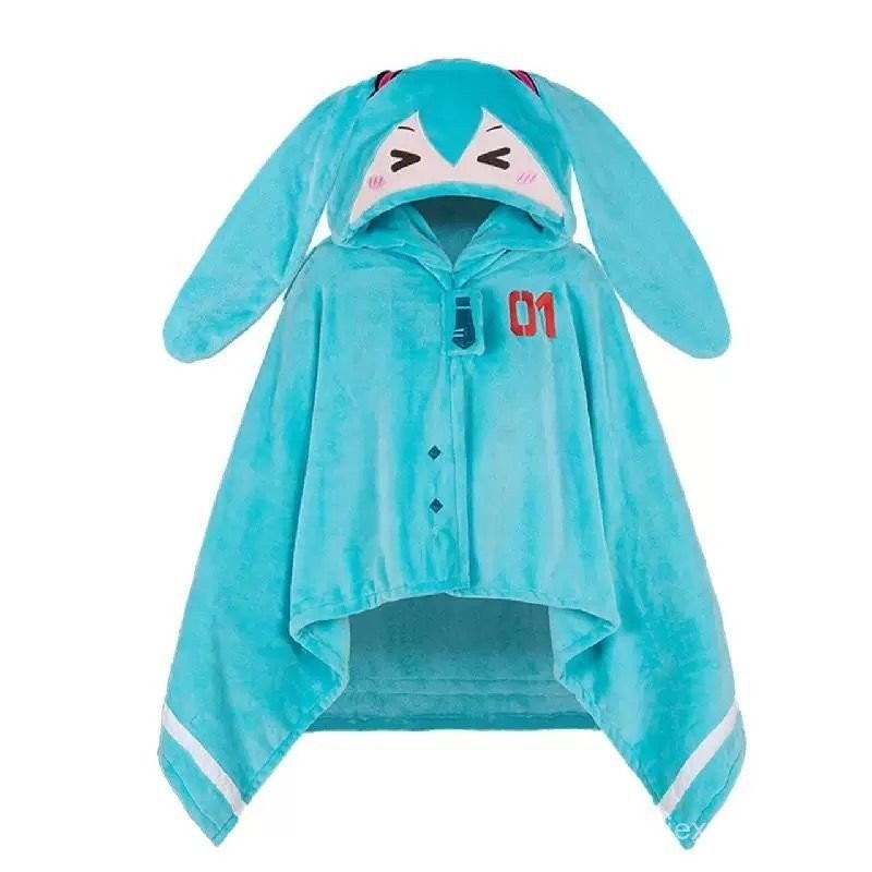 Hatsune Miku ผ้าห่มปรับอากาศแบบมีฮู้ดมัลติฟังก์ชั่นอบอุ่นและนุ่มหมอนผ้าคลุมไหล่สักหลาดหมอนสองในหนึ่งเดียว