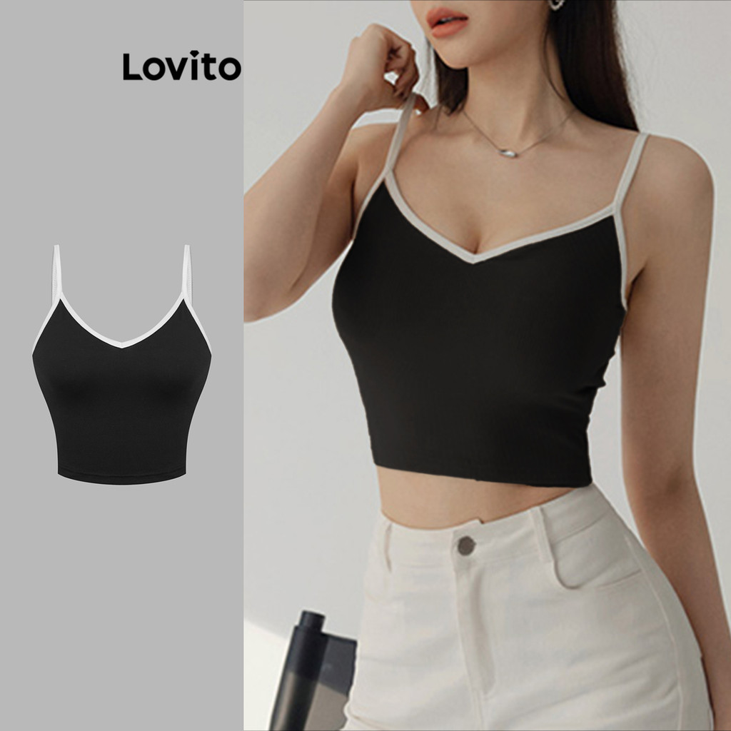 Lovito เสื้อกล้ามสีพื้นตัดกันแบบลำลองสำหรับผู้หญิง L117AD614