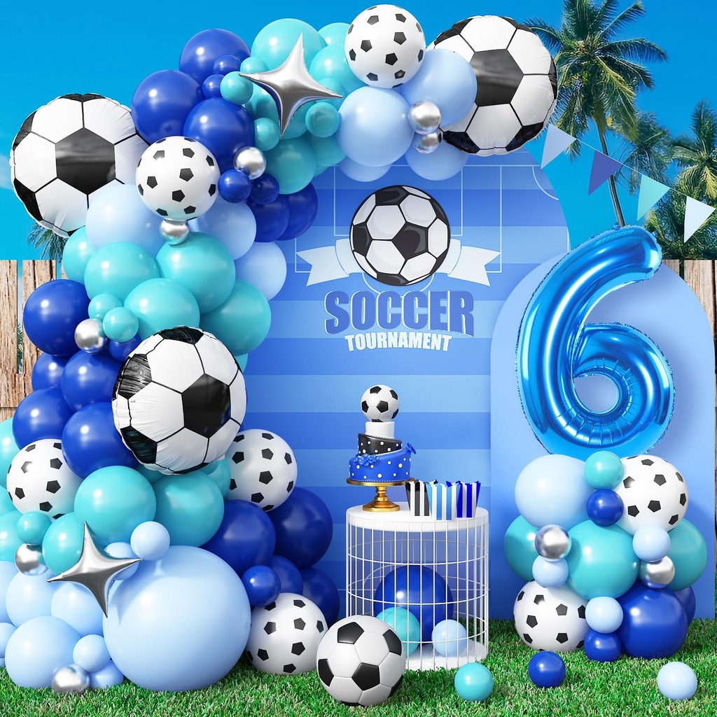 97 ชิ้นธีมฟุตบอลบอลลูน Arch Garland ชุดเด็กวันเกิดตกแต่ง 32 นิ้วสีฟ้าจํานวนบอลลูน Baby Shower กีฬาฟุตบอลฟอยล์ Globos