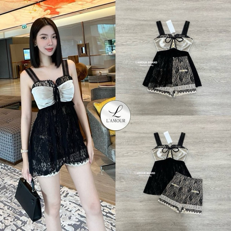 Cr. (xs-l) (พร้อมส่ง) Swan57 เซทเสื้อลูกไม้สีดำ แต่งตรงอกด้วยผ้ากำมะหยี่ มากับกางเกงขาสั้น ผ้าลูกไม้