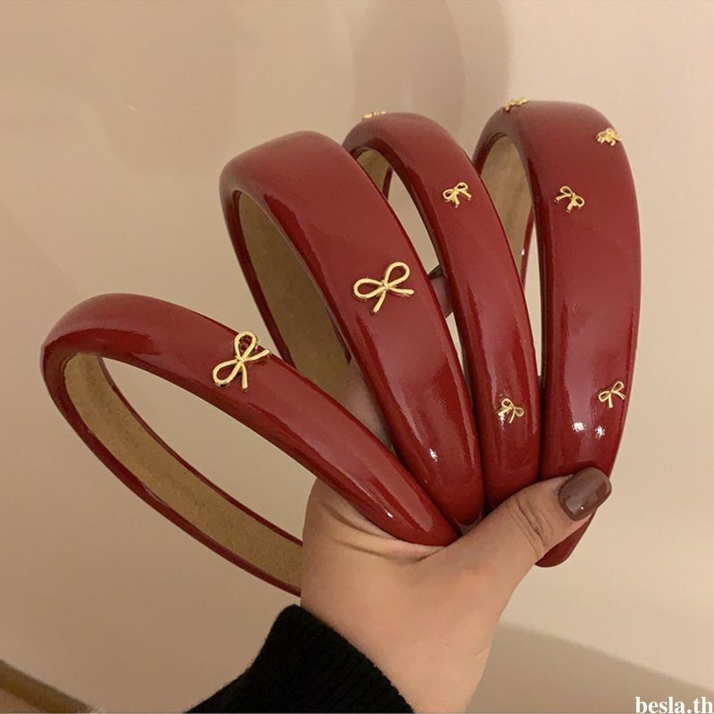 besla.th ที่คาดผมหนังสีแดง ที่คาดผมโบว์บรรยากาศ เครื่องประดับผมวินเทจระดับไฮเอนด์ - รูปที่ 2