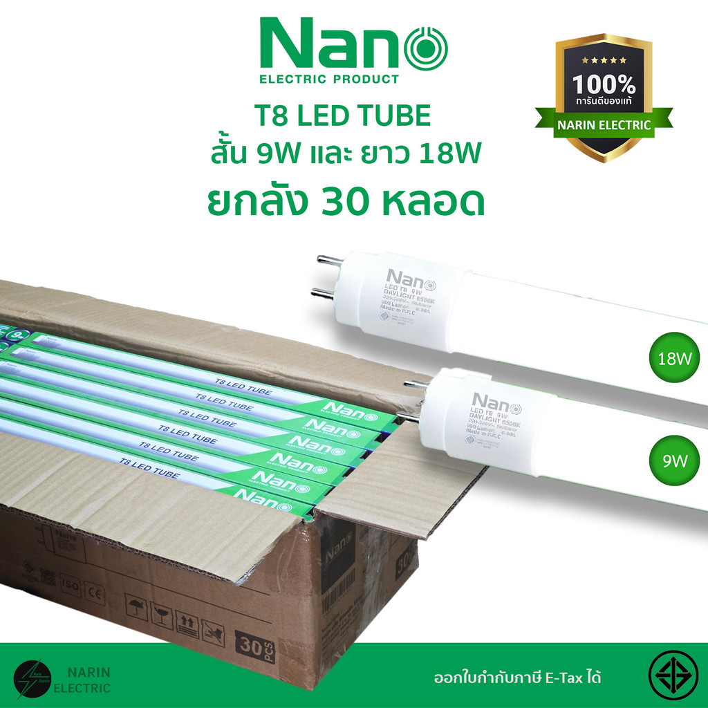 (ยกลัง 30 หลอด) NANO หลอดไฟ LED T8 9W 18W มีมอก. LED หลอด LED Tube SET เฉพาะหลอด