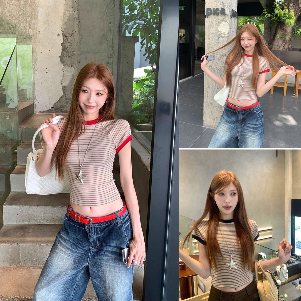 เสื้อยืดแขนสั้นลายทางย้อนยุคผู้หญิงคอกลมเสื้อครอปเซ็กซี่