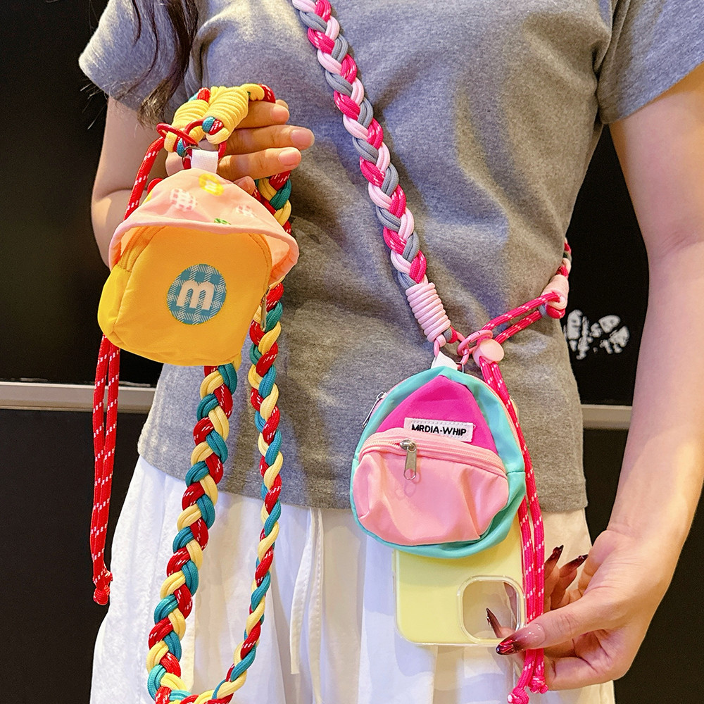 แฟชั่นกระเป๋าสตางค์เหรียญอุปกรณ์เสริมจี้ Dopamine สีบล็อกถักเฉียง Span Long Lanyard Universal