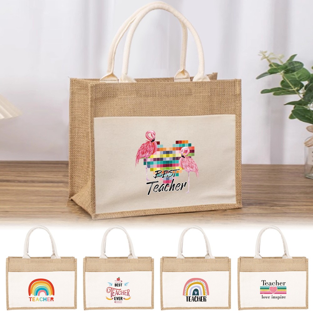 Big Jute Bag Tote Bag Shopping Grocery Bag with Handle Eco Bag Sling Bag Large Capacity Teachers Day