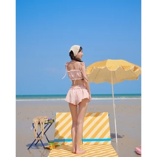 ชุดว่ายน้ำแฟชั่น พร้อมแผ่นรองหน้าอก ทูพีช shorts น่ารัก สีลูกกวาด ผูกโบว์ลูกไม้ ชุดไปทะเล