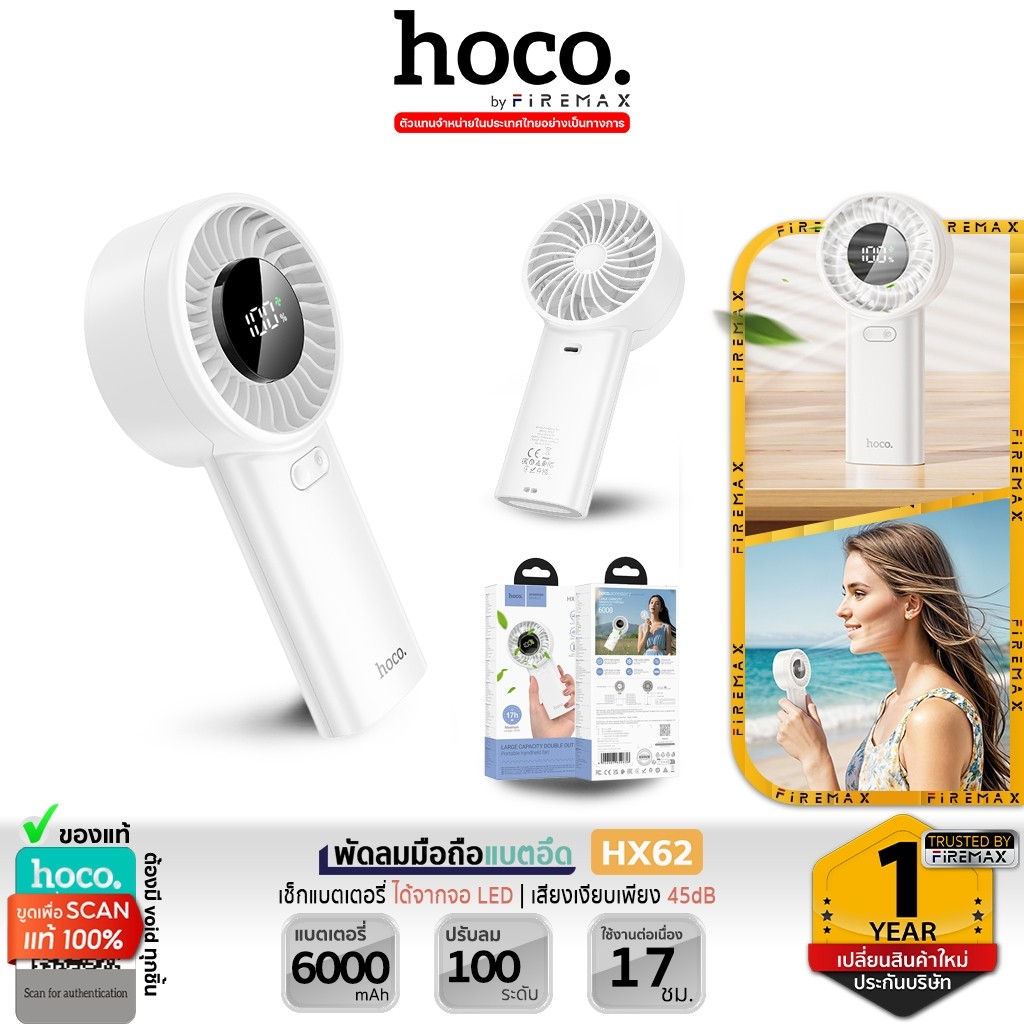 HOCO HX62 พัดลมพกพา ปรับแรงลม 100 ระดับ พร้อมหน้าจอดิจิทัล แบต 6000mAh ใช้ได้ 17 ชม. พัดลมมือถือ hc6