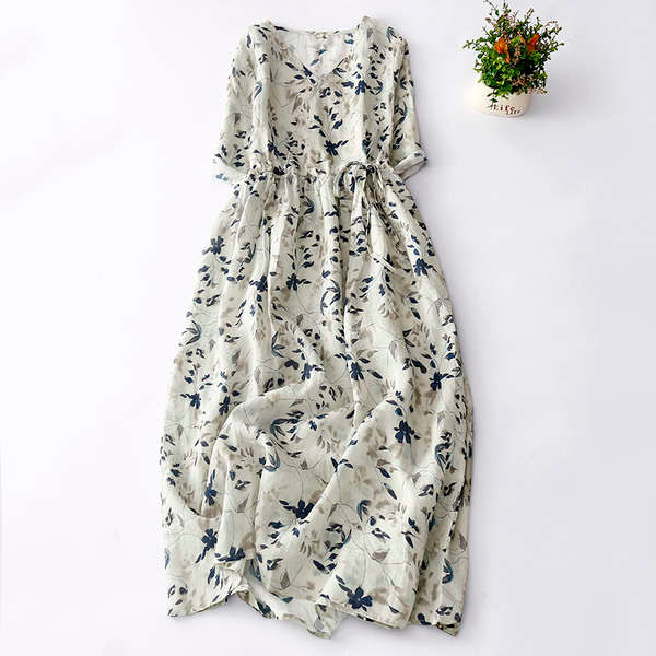 การค้าต่างประเทศสไตล์ญี่ปุ่นแบรนด์ใหญ่เคาน์เตอร์หางสินค้าหญิง Ramie พิมพ์ชุดแคบ-เอว Laced-Up V คอขนา