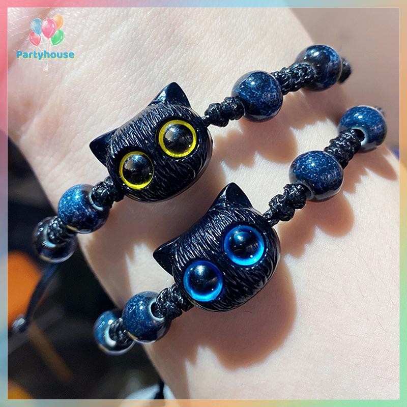 สร้อยข้อมือทอเชือกแบบแฮนด์เมด อินเทรนด์ มีลูกปัดลายแมวน่ารัก สไตล์การ์ตูน สำหรับผู้ชายและผู้หญิง เป็นของขวัญที่ไม่เหมือนใคร