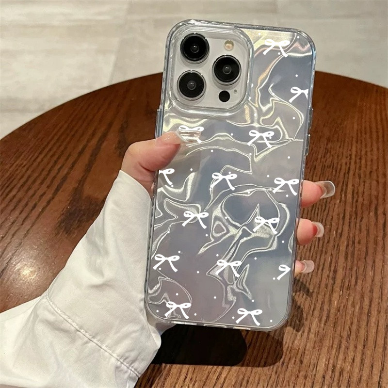 เต็มหน้าจอ โบว์สีขาว 🔥กันได้เคสไอโฟน🔥 16 11 13 15 12 14 Pro Max XR 16 8 7 Plus X XS Max SE หวานรักหัวใจเงาลูกฟูกเคส