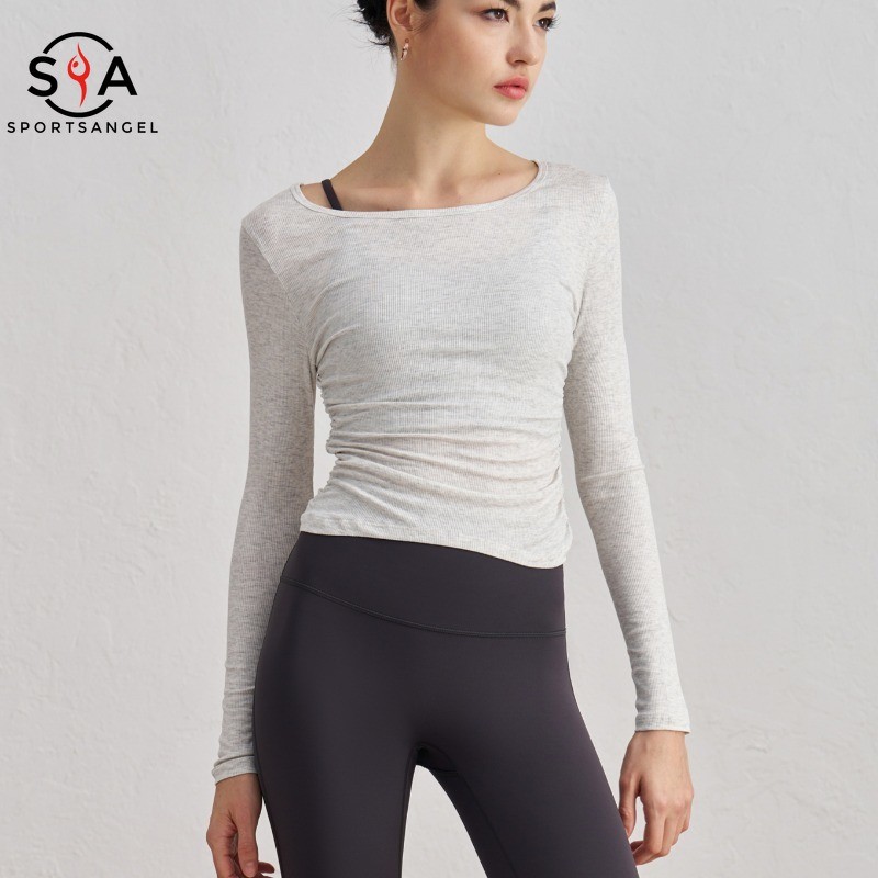 Sportangelsports Top Ribbed แฟชั่นด้านข้างจีบน้ําหนักเบา Casual แขนยาว Gym Pilates