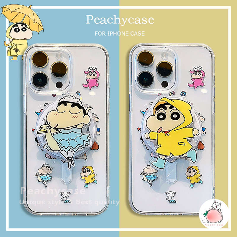 ตลกน่ารักเต้นรําเสื้อกันฝน Crayon Shin Chan Kickstand ไร้สายชาร์จเคสโทรศัพท์สําหรับ iPhone 16 15 14 13 Pro Max 16promax อะคริลิค Clear Shock Proof ฝาหลังปลอก
