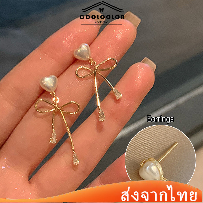 ในไทย✨หวานโรแมนติกโบวมุกต่างหูออกแบบง่ายต่างหูผู้หญิงคลิปหูสไตล์อ่อนโยนCOD