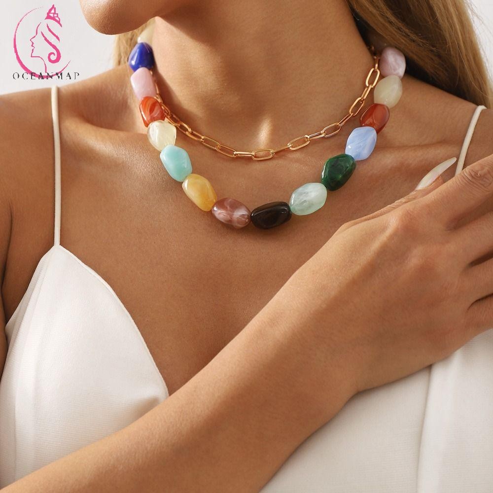 Oceanmap 2 ชิ้น/เซ็ตลูกปัดหินสั้น Choker, ลูกปัดหลายสร้อยคอเรซิ่นที่มีสีสัน, Creative Stone เสื้อกันหนาว Y2K Clavicle Chain ผู้หญิง