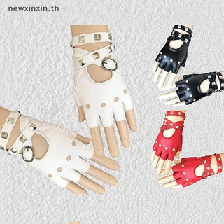 ^N^ ถุงมือหนังครึ่งนิ้วสําหรับผู้หญิง Punk Rivets เข็มขัดถุงมือปาร์ตี้ฮาโลวีน Punk {T}