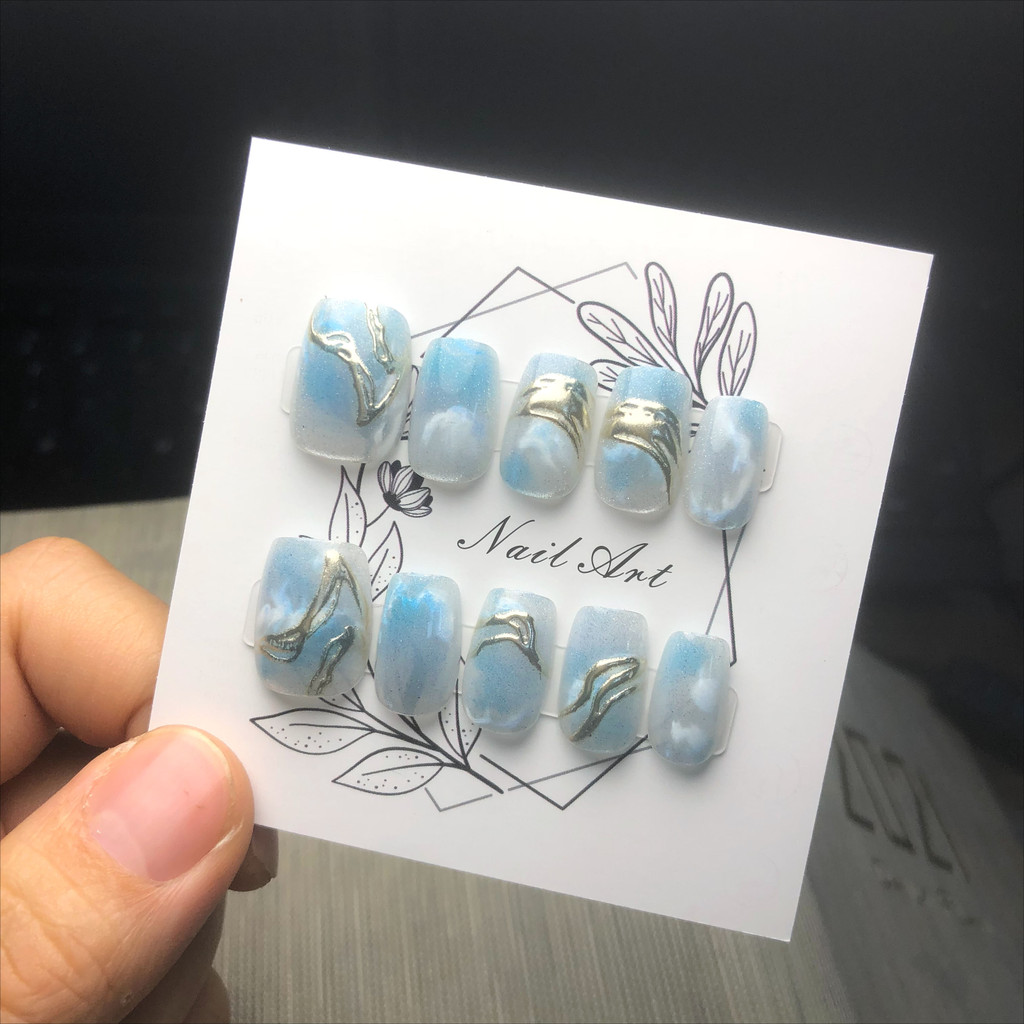 10ชิ้นสีฟ้าเล็บปลอมยาวเล็บปลอมต่อเล็บชุดกดบนเล็บแมวตา ราคา ถูกที่สุด ดีลบีเคเค แกลเลอรีภาพที่ 9