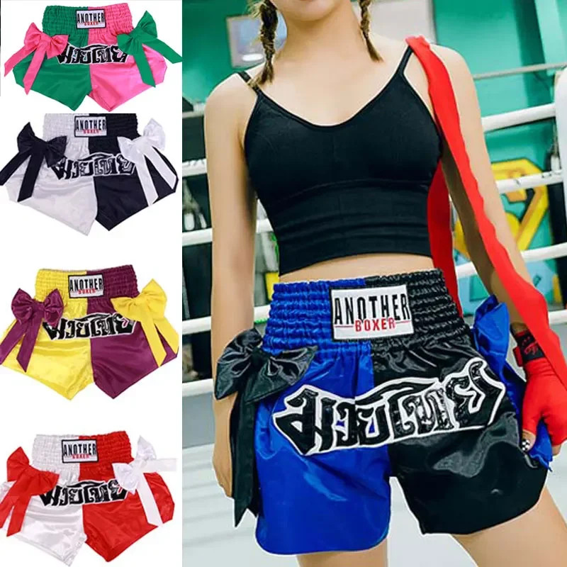 ผู้หญิงมวยไทยกางเกงขาสั้นแฟนซี Bowtie Professional การแข่งขันการฝึกอบรม MMA Bjj Kick Boxing กางเกงเด็กผู้ใหญ่ XS-XXXL