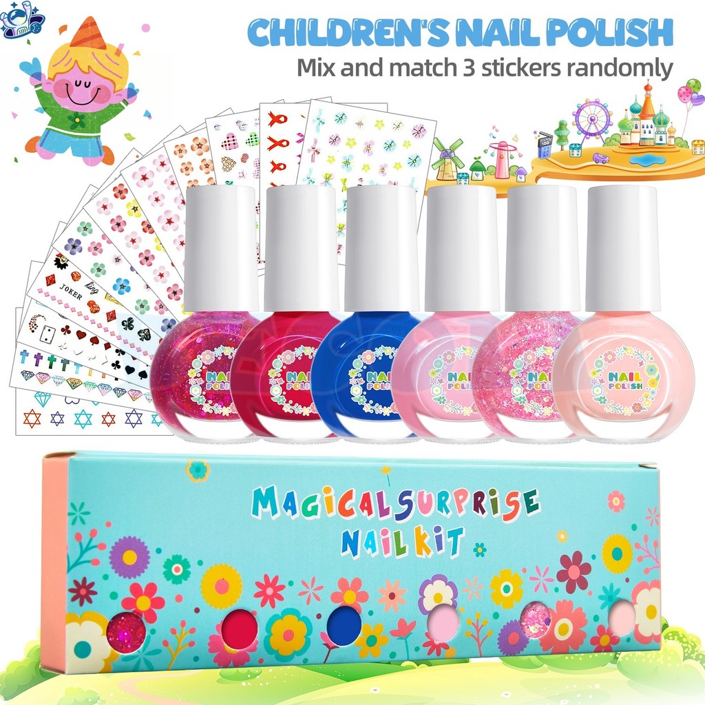 เซ็ต6ขวด สีทาเล็บเด็กลอกออกได้ แถมฟรีสติ๊กเกอร์ติดเล็บ3แผ่น น้ำยาทาเล็บเด็ก ทาง่าย แห้งไว ไม่ต้องอบ