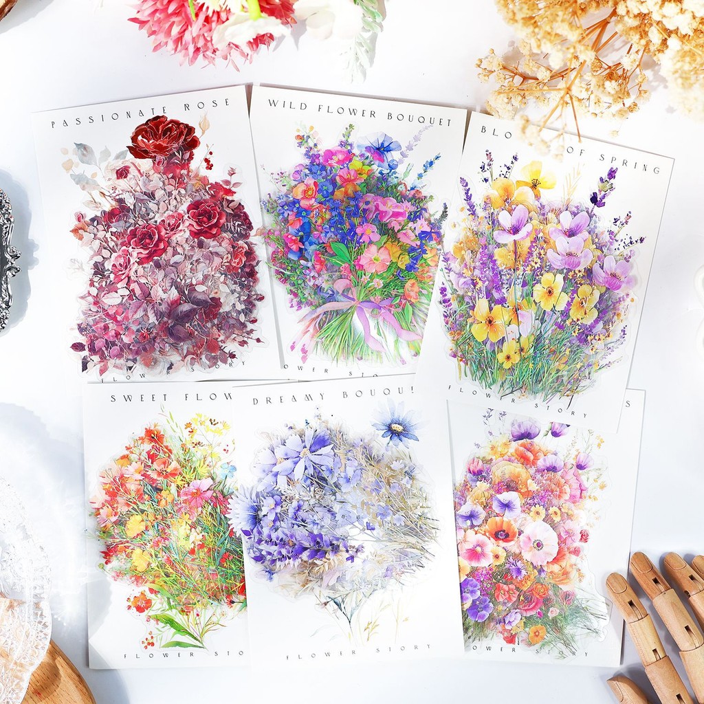 Journamm 16 ชิ้น Vintage ดอกไม้สติกเกอร์ PET สติกเกอร์ตกแต่ง DIY Scrapbooking Decor Junk Journal ความงามสติกเกอร์