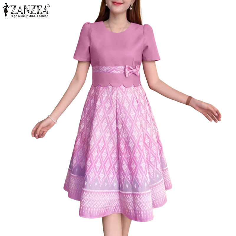 ZANZEA ชุดเดรสคอกลมพิมพ์ลายเกาหลีสำหรับผู้หญิง สไตล์ bowknot พิมพ์ลายชาติพันธุ์แบบ A-Line