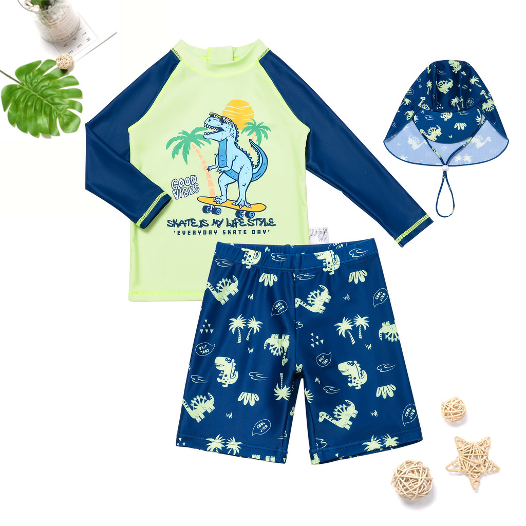 [อายุ 2-12 ปี] กางเกงขาสั้นยาวชุดสูทสามชิ้นชุดว่ายน้ําเด็กชาย UPF50+Quick-Drying Micro-Elastic Split