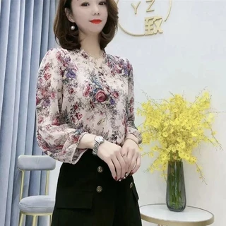 Chemisegrace 99097 เสื้อเชิ้ตแขนยาว คอกลม ผ้าชีฟอง ทรงหลวม ลายดอกไม้ ลายดอกไม้ ทรงหลวม ใส่ทำงาน เรียบร้อยดี แฟชั่น
