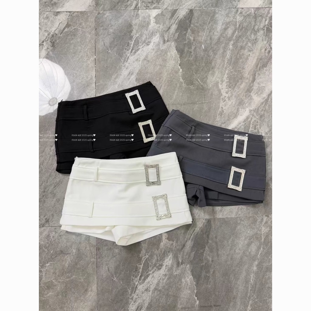 Retro ผู้หญิงฤดูใบไม้ผลิสไตล์ฤดูร้อน Culottes กระโปรงเข็มขัดคู่สาวร้อน Anti-glare กระโปรงสั้น Slimmer ดู a-line เอวสูง