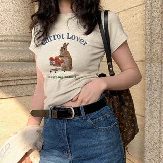 (COD ส่งจากไทย) baby tee เสื้อที-เชื่อผ้าฝ้ายแบบอเมริกันสำหรับผู้หญิง สไตล์แขนสั้น สีซันมีการพิมพ์ลายลักษณะ สำหร