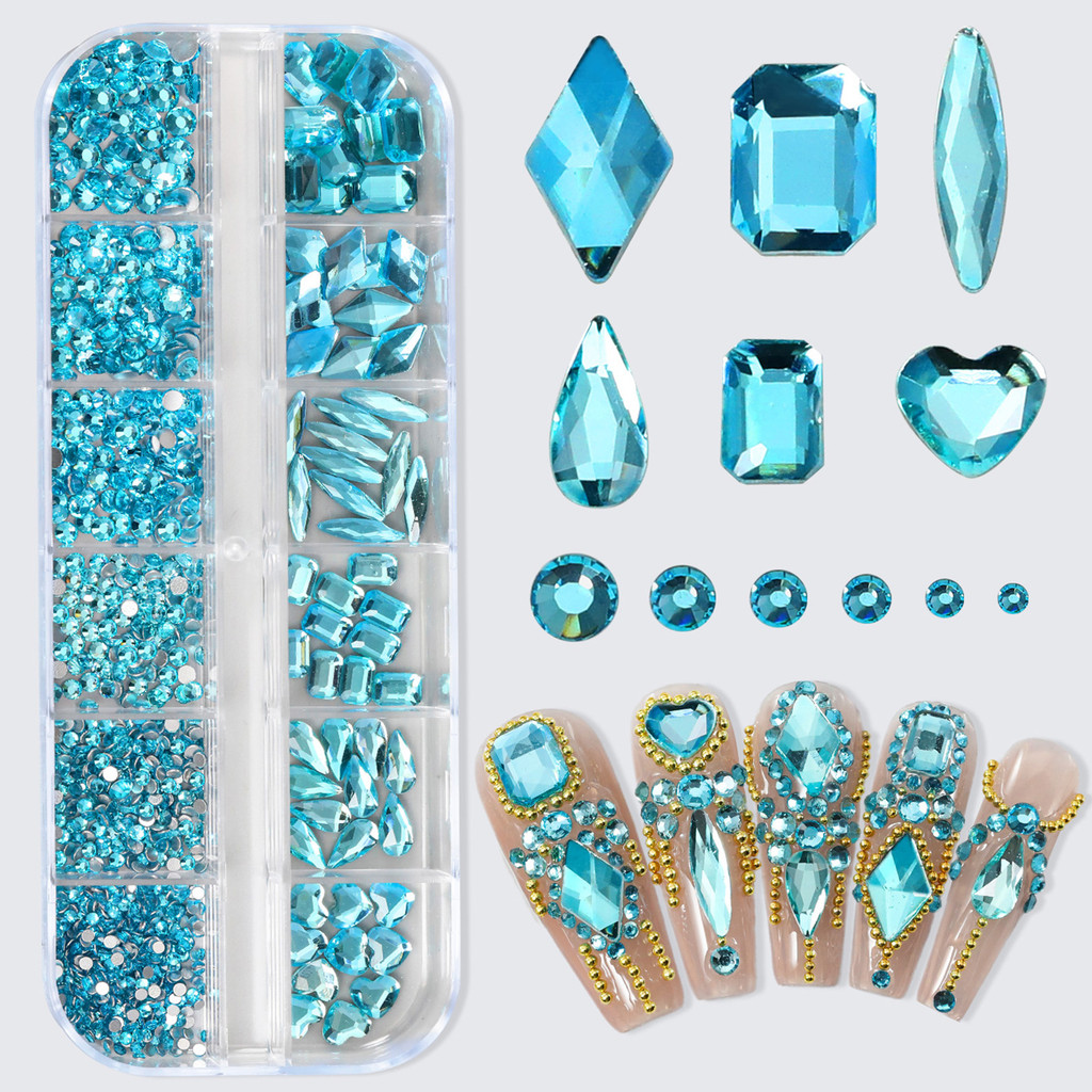Rose Red Lake Blue Shiny Clear Crystal Gems Nail Rhinestones หินแก้วผสม Flatback Nail Charms 12grids เล็บเพชร DIY