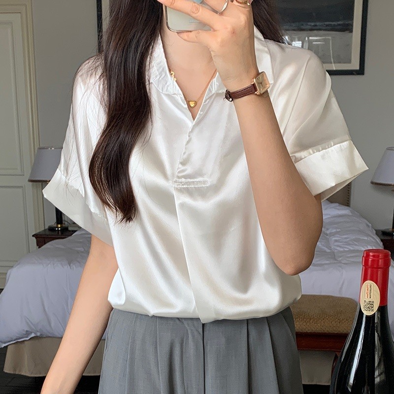 เสื้อโบว์ปมปักสไตล์เกาหลี แขนซาติน ดีไซน์แบ็ตวิง สวมใส่สบาย