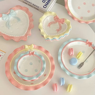 LIVINSTORE Choquette Series Piring Mangkok Keramik Korea Aesthetic  biru pink polkadot Estetik 15cm 20cm 25cm Putih Motif Bunga Props Properti Foto Konten Estetik Ceramic Plate